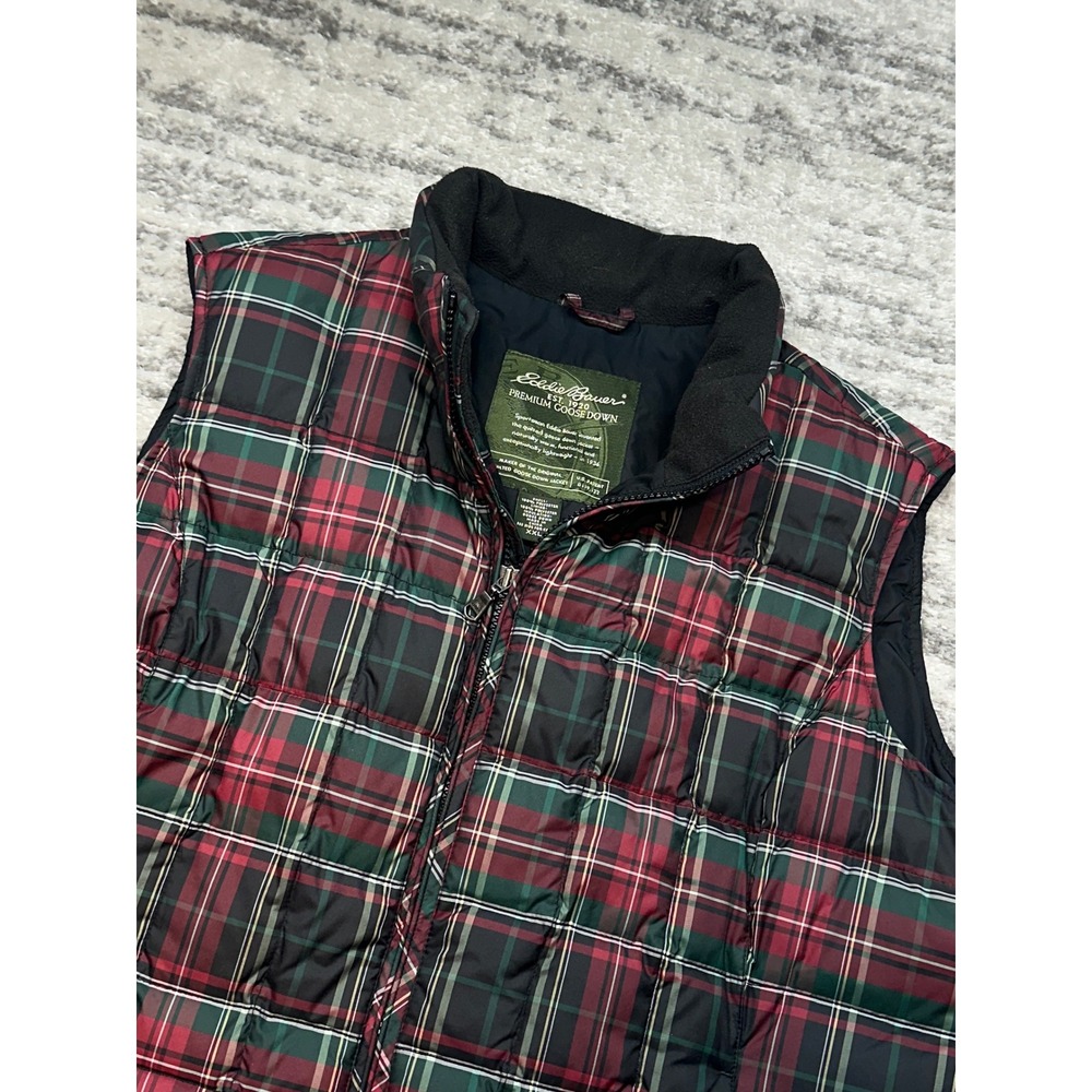 Eddie Bauer Puffer Vest Mens XXL Red Green Plaid Premium Goose Down Quilted